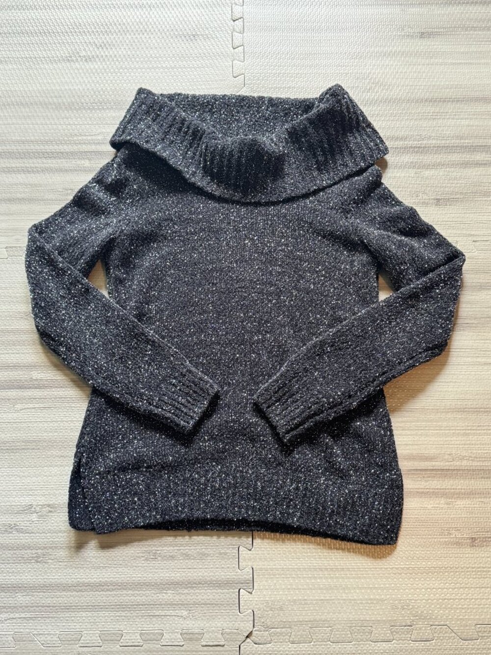 White House Black Market WHBM Black Shimmering Chenille Bowl Neck Sweater